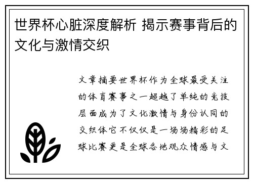 世界杯心脏深度解析 揭示赛事背后的文化与激情交织