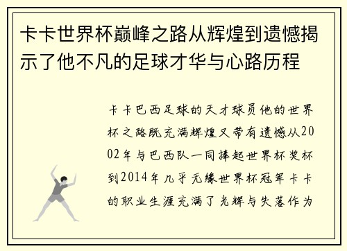 卡卡世界杯巅峰之路从辉煌到遗憾揭示了他不凡的足球才华与心路历程