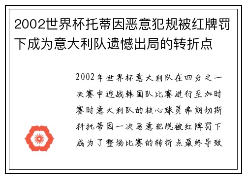 2002世界杯托蒂因恶意犯规被红牌罚下成为意大利队遗憾出局的转折点