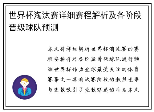 世界杯淘汰赛详细赛程解析及各阶段晋级球队预测
