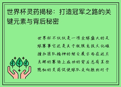 世界杯灵药揭秘：打造冠军之路的关键元素与背后秘密