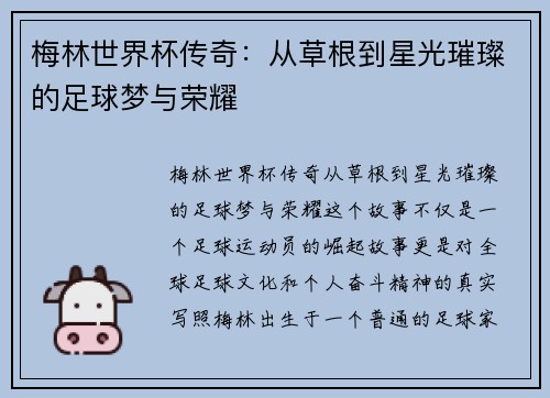 梅林世界杯传奇：从草根到星光璀璨的足球梦与荣耀