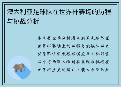 澳大利亚足球队在世界杯赛场的历程与挑战分析